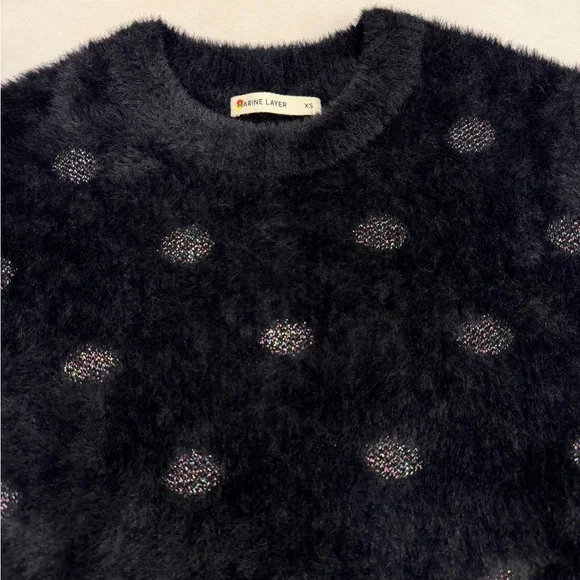 Marine Layer Sweater Size XS Black Fuzzy Eyelash Polka Dot Crewneck - Picture 2 of 10